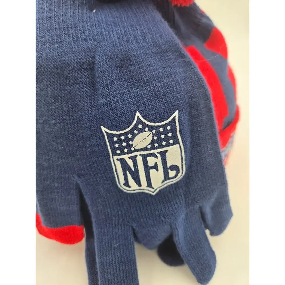 NFL Team Apparel Pom Beanie Hat & Gloves Set Navy Red Winter Knit